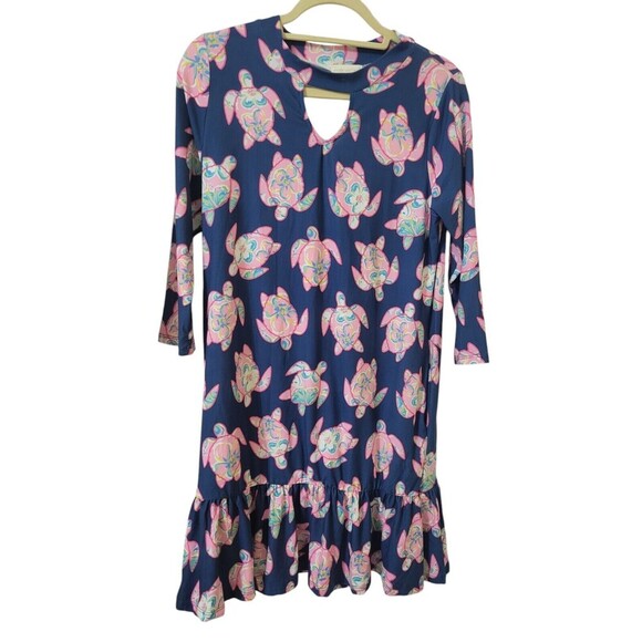 Simply Southern Dress Small Blue Pink Turtle Print 3/4 Sleeve Ruffle Hem F12.3 - Picture 2 of 11